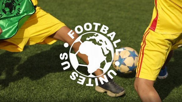 Football Unites Us logo with soccer playing kids_SAHA_War Child